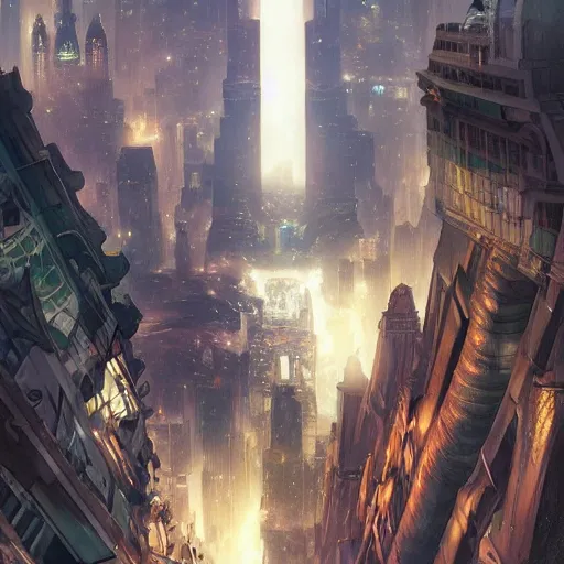 Image similar to peru as gotham city, painted by artgerm and greg rutkowski and alphonse mucha. clear highly detailed face, beautiful sci fi art,