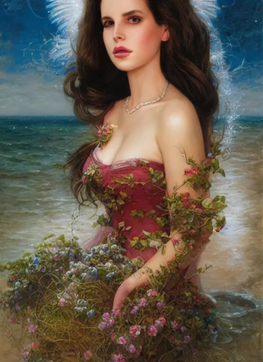 Image similar to Lana Del Rey glancing, Lilia Alvarado, Sophie Anderson, Mark Arian, Bob Byerley, Charlie Bowater, Mark Brooks, Steve Henderson, Justin Gerard, Arthur Hughes, Edward Robert Hughes, Mark Keathley, Victor Nizovtsev, Carlos Shwabe, Ross Tran, WLOP