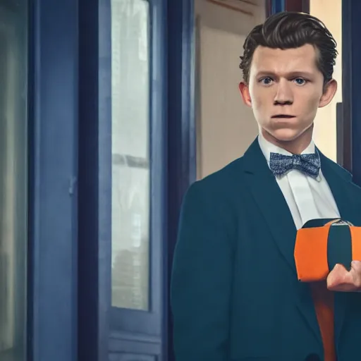 Image similar to tom holland with a beard in a dark blue trenchcoat with an orange bowtie as the new doctor who, cinematic, volumetric lighting, f 8 aperture, cinematic eastman 5 3 8 4 film, photorealistic