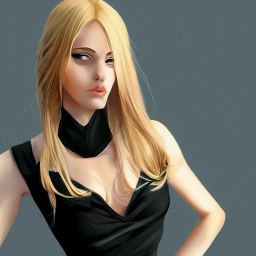 Prompt: long shot of blonde girl in black top clothing with green eyes, digital art, trending on artstation