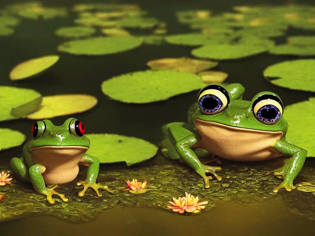 Image similar to frog cute character in water with water lily fireflies around, cute big eyes with details in body, vegetation, water, flying shot, portrait, full shot, symmetrical, frontal, rim light, pixar, octane render, digital art