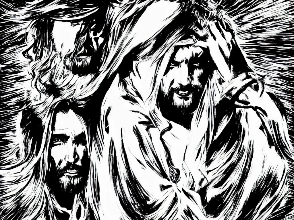 Prompt: jesus christ as a superhero with long hair and white eyes floating above the water shooting lightning out of his hands, sin city, full shot, graphic novel, symmetrical, frontal,
