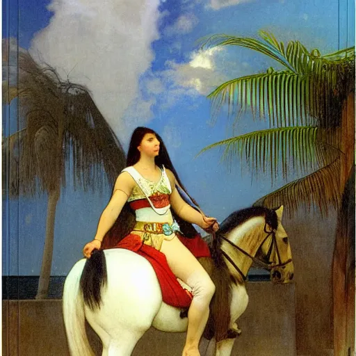 Image similar to Girl riding a horse leaving the palace through the bridge, thunderstorm, beach and palm trees on the background major arcana sky, by paul delaroche, alphonse mucha and arnold böcklin arnold böcklin hyperrealistic 8k, very detailed