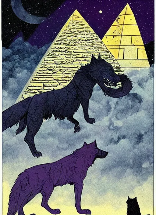 Image similar to a dire wolf howls in the moonlight near the pyramid of giza in the sky 2 3 twinkling purple stars on the cover of a vintage sandman graphic novel by dave mckean and james jean, muted colours, dreary atmosphere