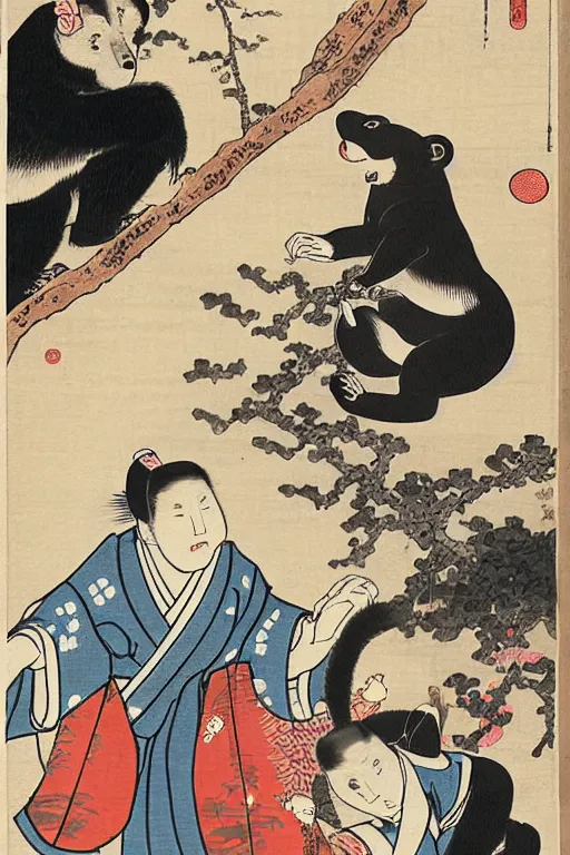 Prompt: ukiyo - e of an anthropomorphic asian black bear lifting up a small girl wearing a kimono to pick an plumb from a branch above their heads, in the style of top 1 0 japanese artists