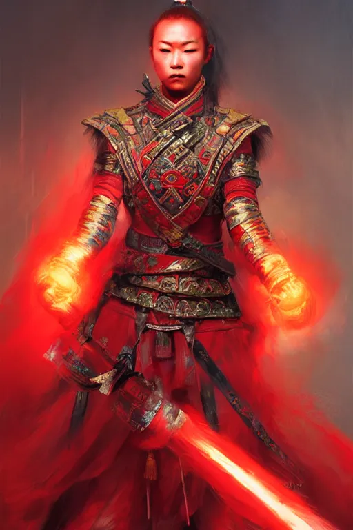 Image similar to chinese warrior, portrait, fierce, intricate, elegant, red volumetric lighting, digital painting, highly detailed, artstation, sharp focus, illustration, concept art, ruan jia, steve mccurry