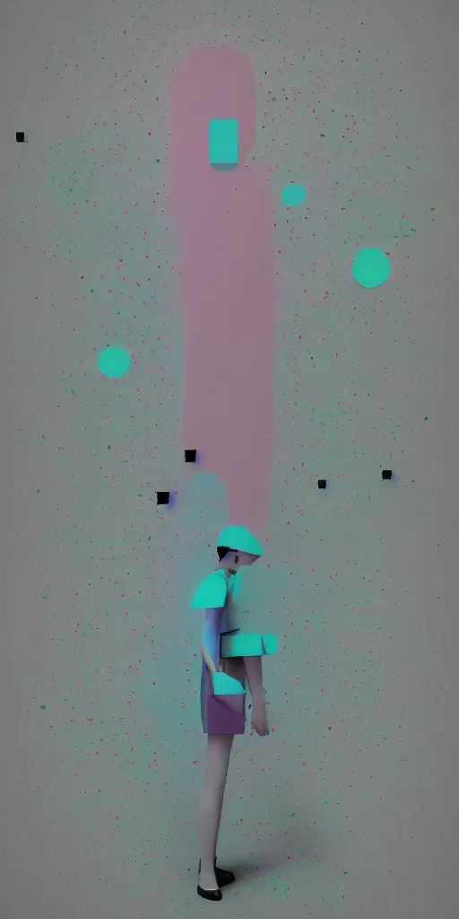 Image similar to Beeple, pastel colors, hyper-realism, pastel, polkadots, minimal, simplistic, amazing composition, woman, vaporwave, wow, Gertrude Abercrombie, minimalistic graffiti masterpiece, minimalism, 3d abstract render overlayed, black background, psychedelic therapy, trending on ArtStation, ink splatters, pen lines, incredible detail, creative, positive energy, happy, unique, negative space, pure imagination painted by artgerm