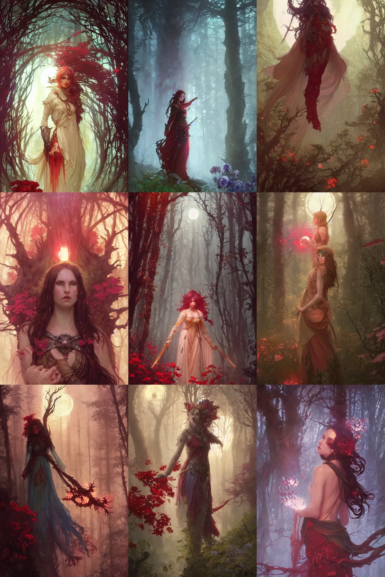 Prompt: epic fantasy D&D woman druid, old dark forest, moon, flowers, magic, red light, detailed illustration, hd, 4k, overdetailed art, by greg rutkowski, by Alfons Mucha, complementing colors
