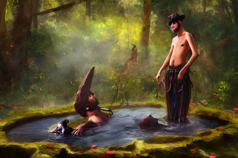 Prompt: upright anthro man crow finding a colorful hotspring deep in forest, oil painting, highly detailed, medieval fantasy, featured on artstation