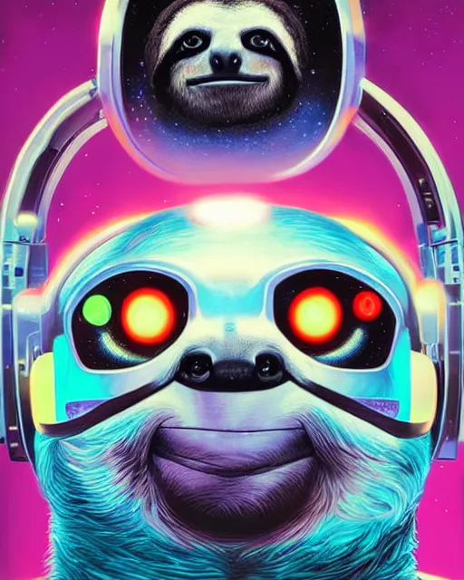 Image similar to sloth as future coder man looking on, sleek cyclops display over eyes and sleek bright headphoneset, neon accent lights, holographic colors, desaturated headshot portrait digital painting by dean cornwall, rhads, john berkey, tom whalen, alex grey, alphonse mucha, donoto giancola, astronaut cyberpunk electric