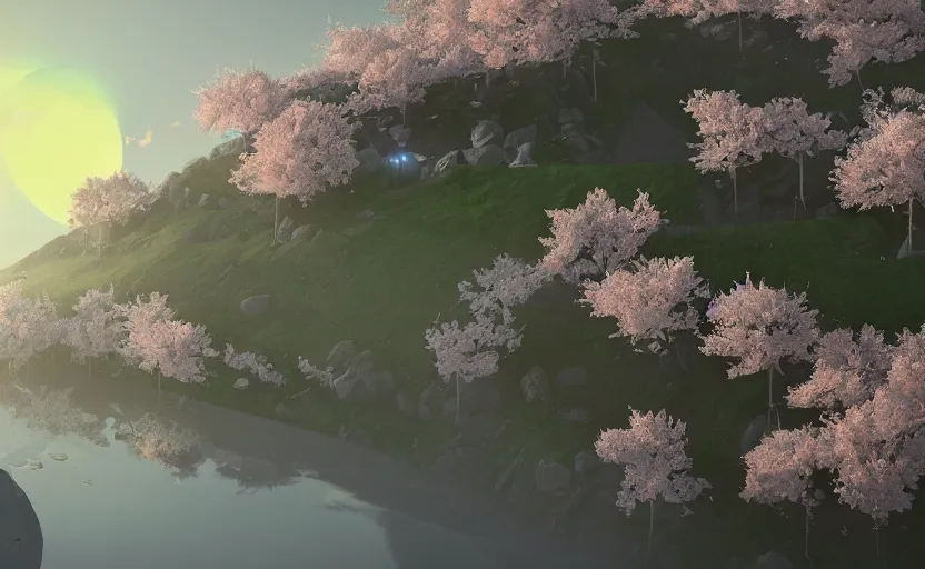 Prompt: cherry blossoms in the hills, Low level, rendered by Beeple, Makoto Shinkai, syd meade, simon stålenhag, synthwave style, digital art, unreal engine, WLOP, trending on artstation, 4K UHD image, octane render,