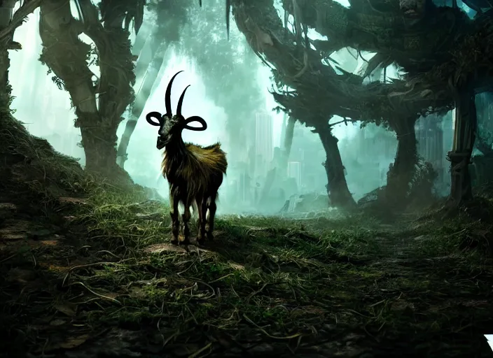 Image similar to intricate goat from overlord anime, on the background of a weird magical mechanical forest. Very detailed 8k. Fantasy cyberpunk horror. Sharp. Cinematic post-processing. Unreal engine. Nanite rendering. Ray tracing