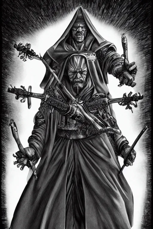 Image similar to Danny Trejo as church nun, dark fantasy, highly detailed, artstation, manga illustration by Kentaro Miura berserk