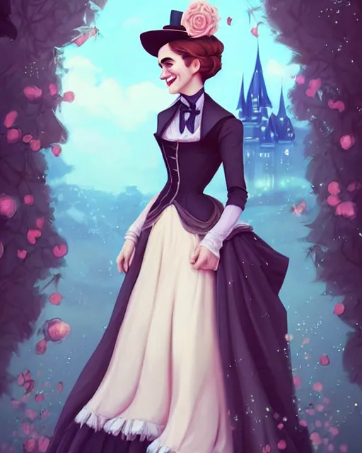 Prompt: beautiful full body Emma Watson goofy smiling dressed in victorian style fashion, photographic castle gardens background illustration by lois van baarle and loish and ross tran and rossdraws and sam yang and samdoesarts and artgerm, digital art, highly detailed, intricate, sharp focus, Trending on Artstation HQ, deviantart