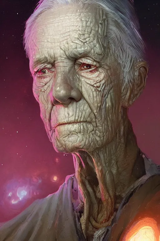 Image similar to the look of an elderly person 4 2 2 4 full of wrinkles and imperfections by artgem and greg rutkowski, highly detailed, high contrast, light reflection, trippy, nebula, trending on artstation
