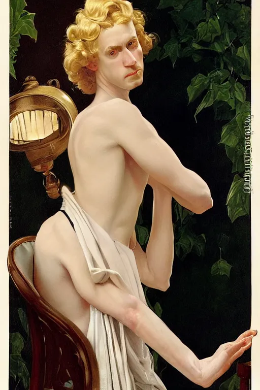 Image similar to Painting of lucius as an indolent consort, long blond drill curls, delicate androgynous prince, pale white porcelain skin, cool tones, by Leyendecker and Norman Rockwell