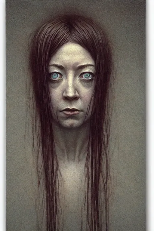 Prompt: female who looks like alyson hannigan by beksinski