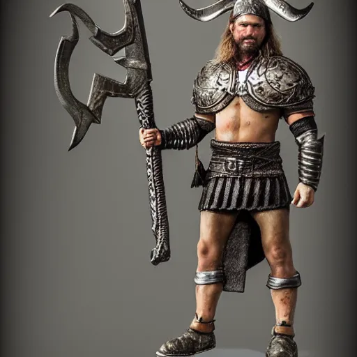 Image similar to of a viking from valhalla, wearing the horned helmet ultra fine detail, hair strands, ultra high resolution, fine texture detail, miniature painting techniques, perfect proportions, marvel cinematic universe, eric bana