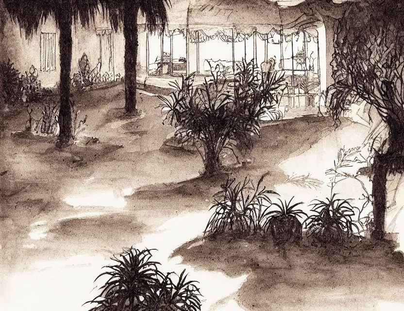 Prompt: dusk at the oasis. ink wash by beloved children's book illustrator, chiaroscuro, bokeh, backlighting, intricate details