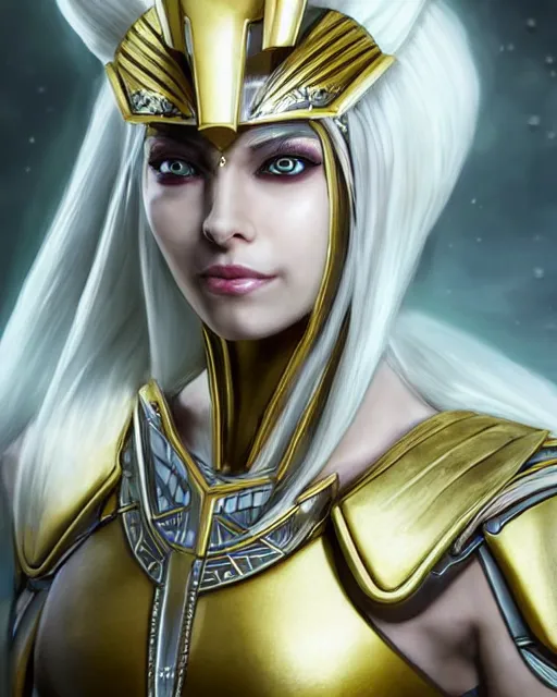 Image similar to perfect white haired attractive egyptian goddess, warframe armor, pharaoh headdress, beautiful, symmetric, dreamy, half asian, pretty face, green eyes, charlize theron, detailed, scifi platform, laboratory, experiment, 4 k, ultra realistic, epic lighting, android body, illuminated, cinematic, masterpiece, art by akihito tsukushi, voidstar