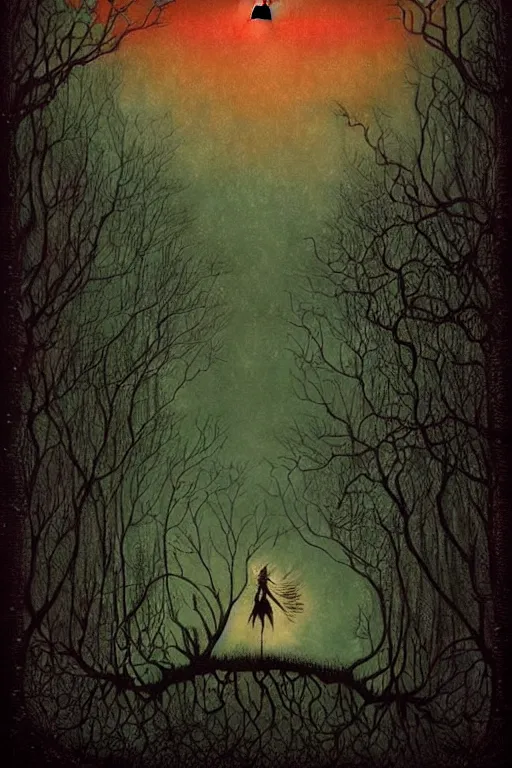 Image similar to surreal, fantasy, fairytale animals, haunted woods in silhouettes, by andy kehoe