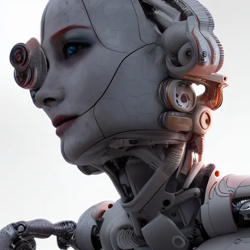 Prompt: portrait of a beautiful humanoid robot intricate mechanics, synthetic skin, futuristic ,octane render, 8k, dramatic lighting