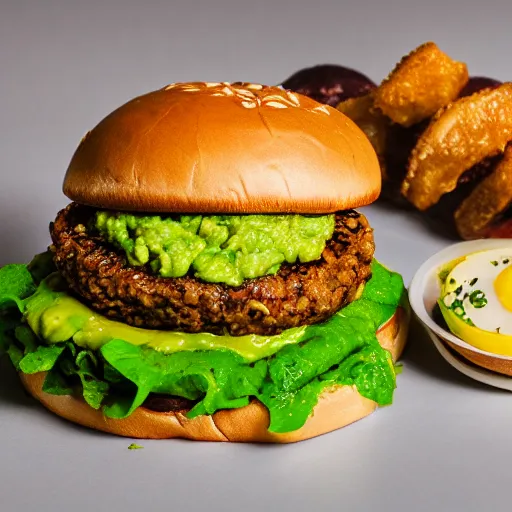 Prompt: juicy vegan hamburger topped with guacamole, fried onion and a vegan fried egg, crispy buns, 8 k resolution, professional food photography, studio lighting, sharp focus, hyper - detailed