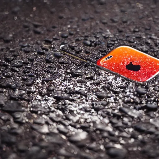 Prompt: an iphone sinking into tar