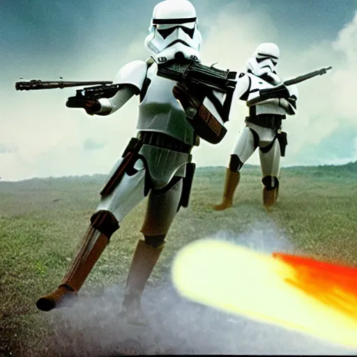 Image similar to star wars clone troopers combat soldiers in vietnam, photo, old picture, lush landscape, jungle, firearms, explosions, helicopters, aerial combat, active battle zone, flamethrower, air support, jedi, land mines, gunfire, violent, star destroyers, star wars lasers, sci - fi, jetpacks, agent orange, bomber planes, smoke, trench warfare