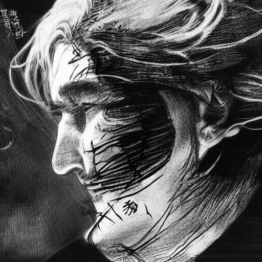 Image similar to Yoshitaka Amano realistic illustration of jeb bush ,hair fluttering in the wind, cracks on his face wearing Elden ring armour with engraving, abstract black and white patterns on the background, noisy film grain effect, highly detailed, Renaissance oil painting, weird portrait angle, blurred lost edges, three quarter view