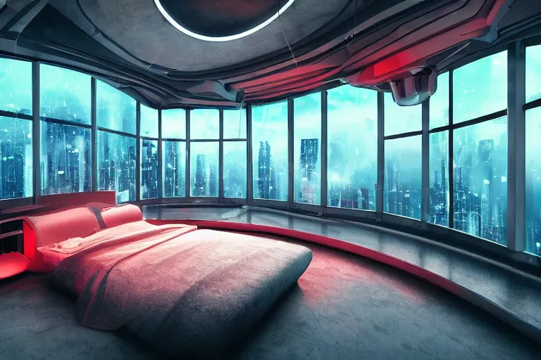 Image similar to a futuristic bedroom with large curved ceiling high windows looking out to a far future cyberpunk cityscape, cyberpunk neon lights, raining, scifi