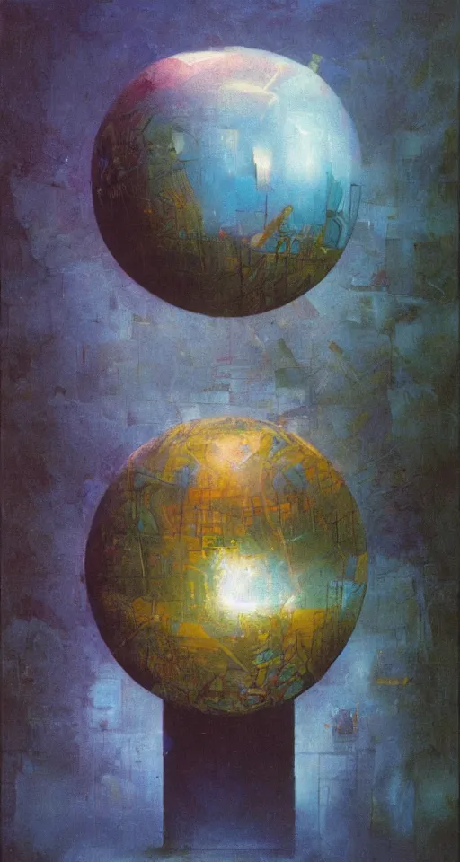 Image similar to a gigantic glowing crystal tesseract orb, high detailed beksinski painting, part by adrian ghenie and gerhard richter. masterpiece, deep colours, blue