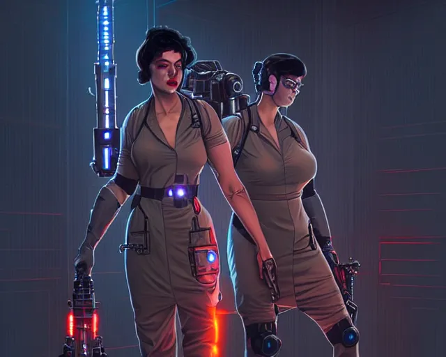Image similar to ghostbusters cyborg with beautiful faces, in short dresses, weapons, full body, dark and mysterious, atmospheric, ominous, eerie, cinematic light, epic, 8 k 3 d, ultra detail, ultra realistic, by wlop, by mucha, by giger