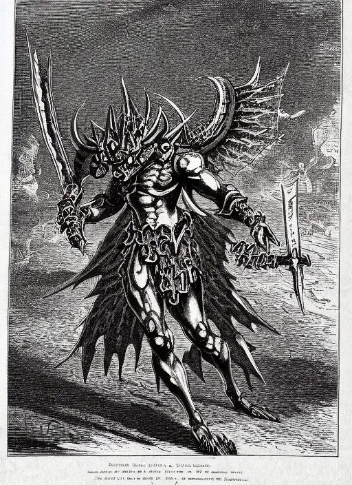 Image similar to illustration of metal wargraymon as a demon from the dictionarre infernal, etching by louis le breton, 1 8 6 9, 1 2 0 0 dpi scan, ultrasharp detail, clean scan