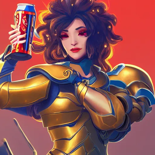 Image similar to leona from league of legends wearing gold and scarlet armor drinking a soft drink out of a blue can on a hot summer day at the beach. she is wearing wearing gold and scarlet armor. digital illustration, trending on artstation, highly detailed, excellent beautiful lighting,