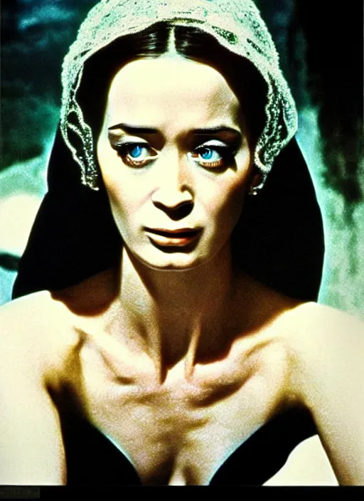 Prompt: 1973 film still from an Italian romance drama film of beautiful Emily Blunt as the goddess of black ice. staring intently at you. focused on her eyes. ultra detailed painting at 16K resolution and amazingly epic visuals. epically beautiful image. amazing effect, image looks gorgeously crisp as far as it's visual fidelity goes, absolutely outstanding. vivid clarity. ultra. iridescent. mind-breaking. mega-beautiful pencil shadowing. beautiful face. Ultra High Definition. godly shading. amazingly crisp sharpness. photorealistic film cel processed twice..