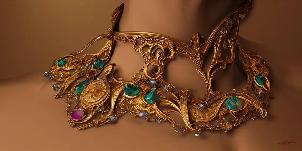 Image similar to highly detailed oil painting, art nouveau, ornate, delicate, brilliant magical gemstones choker, around a neck, octane render, realistic, dramatic light,