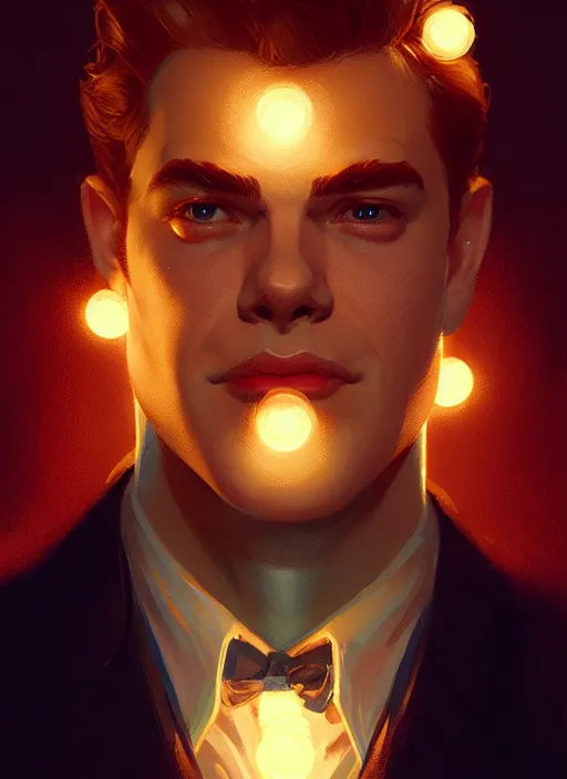 Image similar to portrait of archie andrews, intricate, elegant, glowing lights, highly detailed, digital painting, artstation, concept art, smooth, sharp focus, illustration, art by wlop, mars ravelo and greg rutkowski