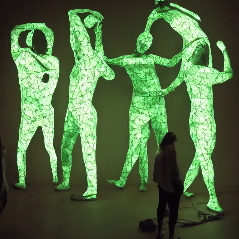 Image similar to fluxus performance of'blue and green'patterned colors light projection onto a few giant human torsos in a cramped art gallery, high contrast hyperrealism trending on arstation 8 k