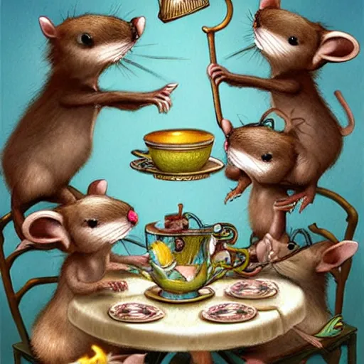 Image similar to mice at a tea party, lowbrow, matte painting, 3 - d highly detailed, style of greg simkins