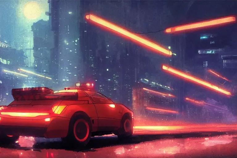 Prompt: akira cyberpunk autozam az - 1 police car with lights flashing speeding down highway at high speed at night by greg rutkowski makoto shinkai takashi takeuchi studio ghibli, akihiko yoshida