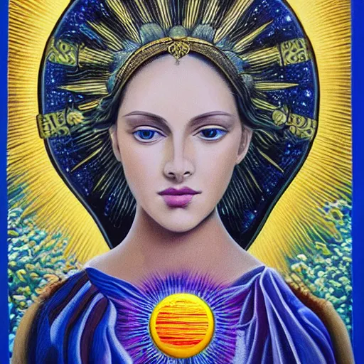 Image similar to A extremely highly detailed majestic hi-res beautiful immaculate head and shoulders award winning painting stunning masterpiece of a tarot card the sun, high detail, hyperrealistic, photorealistic, octante render, cinematic, high textures, royaltly, royal, hyper sharp, 4k insanely detailed and intricate, hypermaximalist, 8k, hyper realistic, super detailed, 4k HDR hyper realistic high by Michelangelo Merisi da Caravaggio,