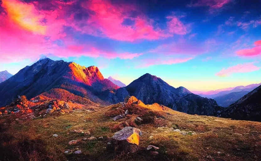 Image similar to beautiful mountain landscape, vaporwave, sunset