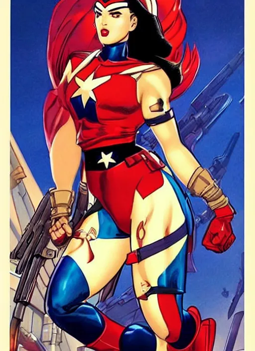 Image similar to arab female captain america. feminist captain america wins wwii. american wwii propaganda poster by masamune shirow, rob liefeld and pixar. gorgeous face. pin up model. overwatch.