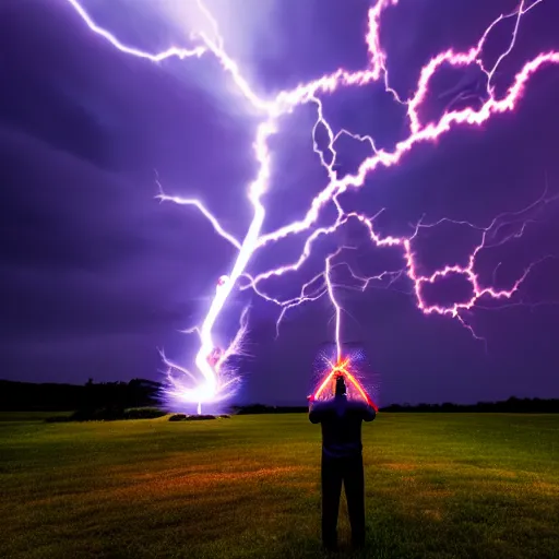 Image similar to man + tesla coil lightning, photo, detailed, 4 k