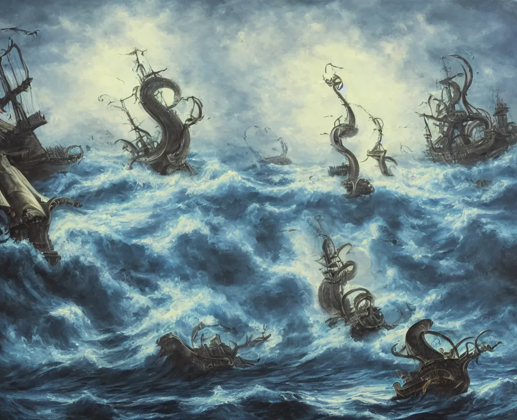 Image similar to oil painting of a kraken attacking a pirate ship
