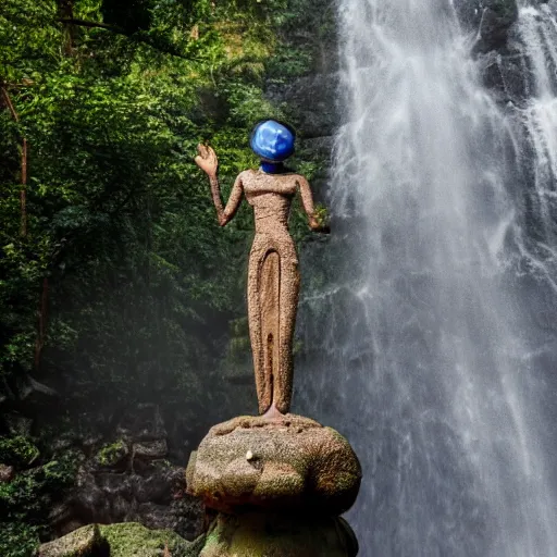 Image similar to Maya stone statue of an alien in front of a beautiful waterfall in the jungle, award winning photography, 8k