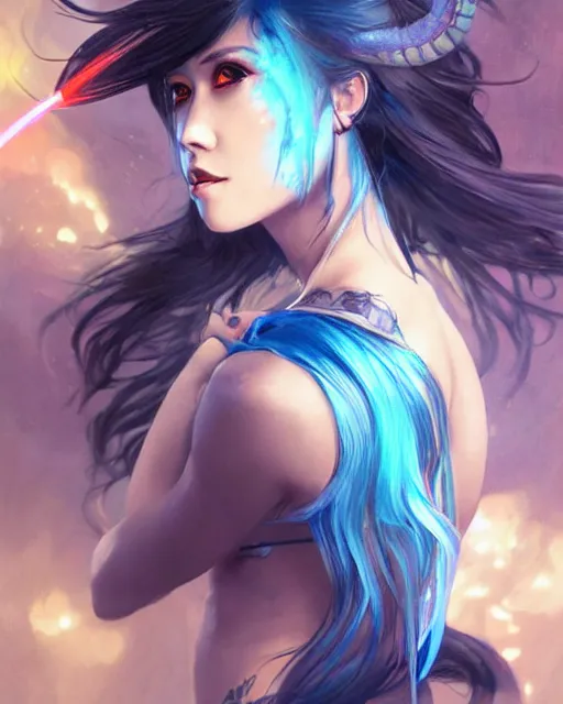 Image similar to stunningly beautiful female with a dragon back tattoo, blue hair, dj sura, laser lights, sharp focus, digital painting, 8 k, concept art, art by wlop, artgerm, greg rutkowski and alphonse mucha