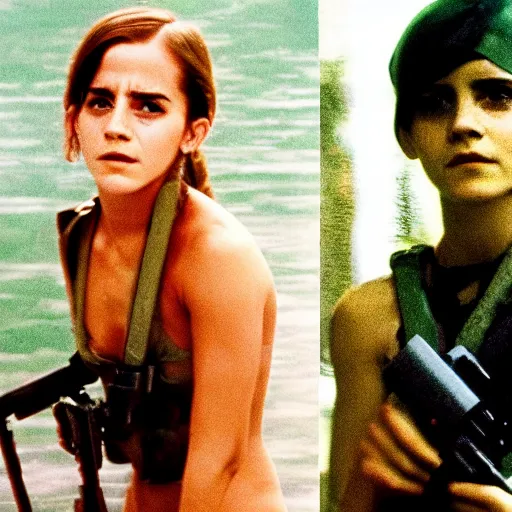 Image similar to film still, extreme far view, emma watson vietnam door gunner, film still from apocalypse now ( 1 9 7 9 ), 2 6 mm, kodak ektachrome, blue tint expired film,