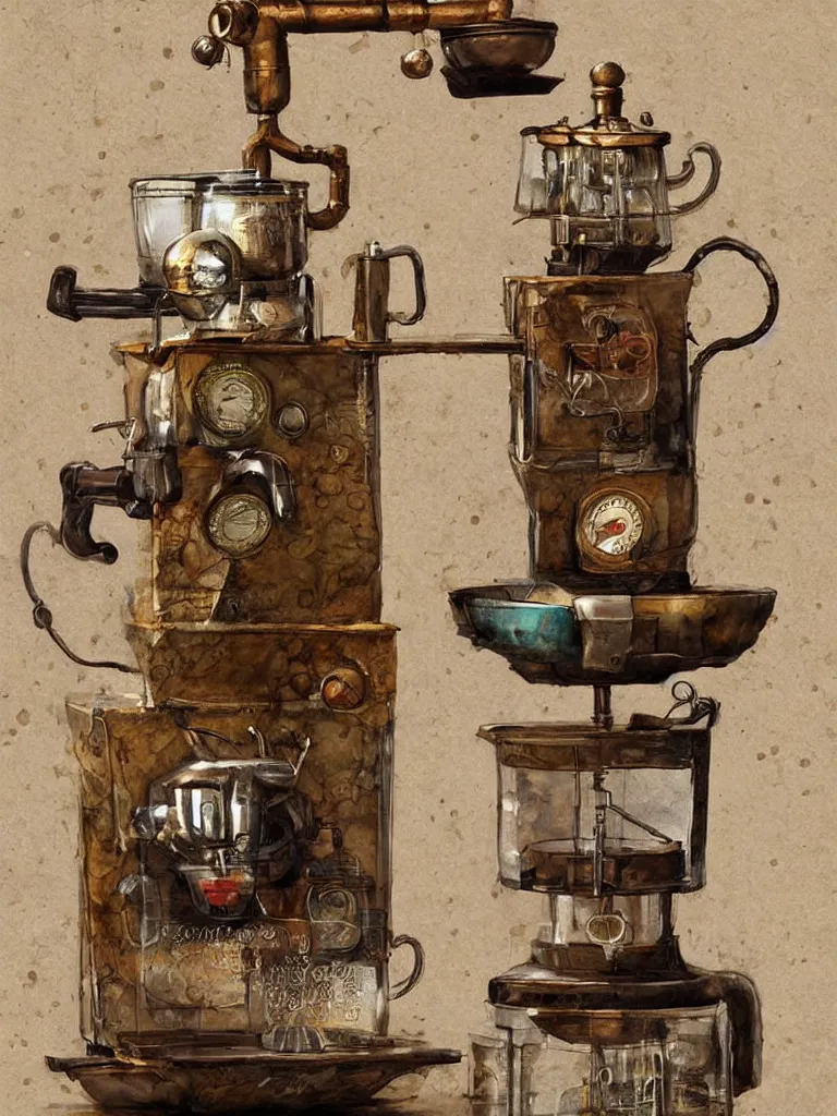 Image similar to ancient coffee machine, by Simon Stalenhaag, by Yoshita Amano, by Esao Andrews, sharp focus, fresh colors, deviantart